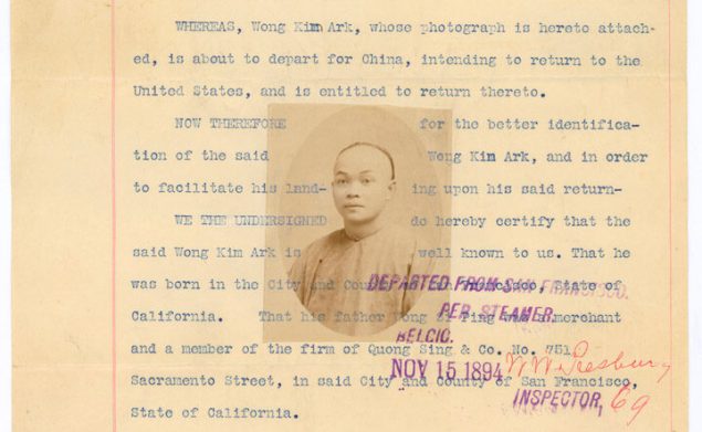 The departure statement in the Wong Kim Ark case, on yellowed paper.