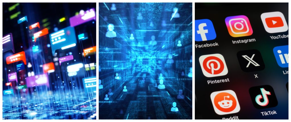 IMAGE: (L) Abstract chat icons over a digital surface (via Getty Images); (M) Visualization of an online network (via Getty Images); (R) Popular social media apps on an Apple iPhone (via Getty Images).