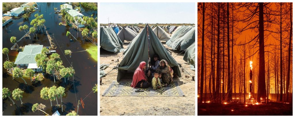 IMAGES (left to right): Natural disaster and its consequences (via Getty Images); In this picture taken on September 28, 2022, an internally displaced flood-affected family sits outside their tent at a makeshift tent camp in Jamshoro district of Sindh province (Photo by Rizwan Tabassum/AFP via Getty Images; Trees smolder and burn during the Dixie fire near Greenville, California on August 3, 2021. – Numerous fires are raging through the state’s northern forests, as climate change makes wildfire season longer, hotter and more devastating. (Photo by JOSH EDELSON/AFP via Getty Images)