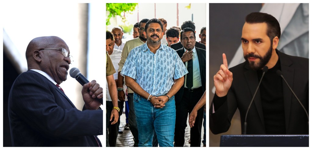 Collage of Zuma, Rajapaksa and Bukele (L to R)