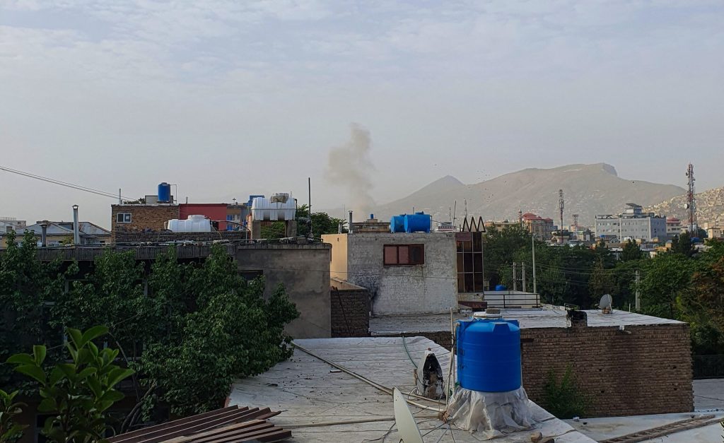 In this photograph taken on July 31, 2022, smoke rises from a house following a US drone strike in the Sherpur area of Kabul