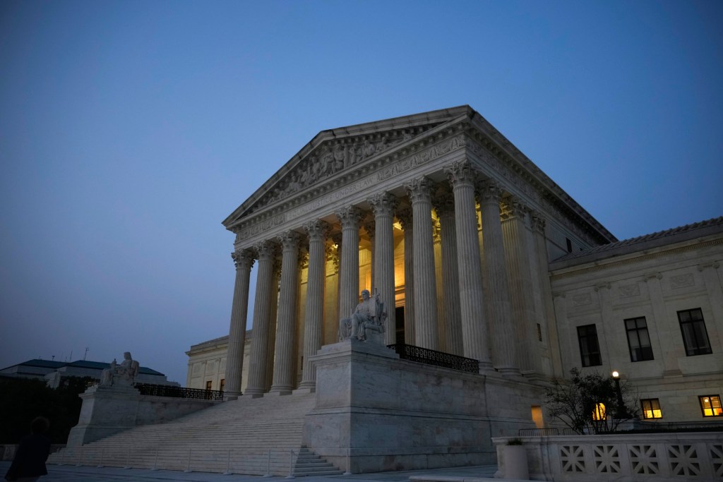 The U.S. Supreme Court is shown at dusk on June 28, 2023 in Washington, DC. (Photo by Drew Angerer/Getty Images)