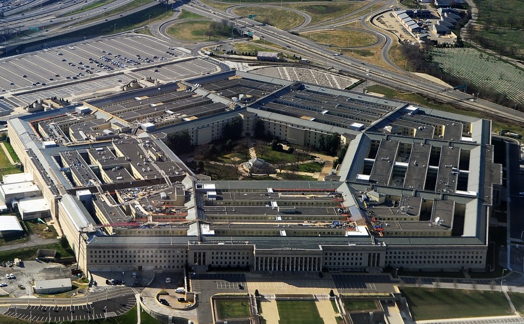 An overhead view of the Pentagon building in Washington, DC.