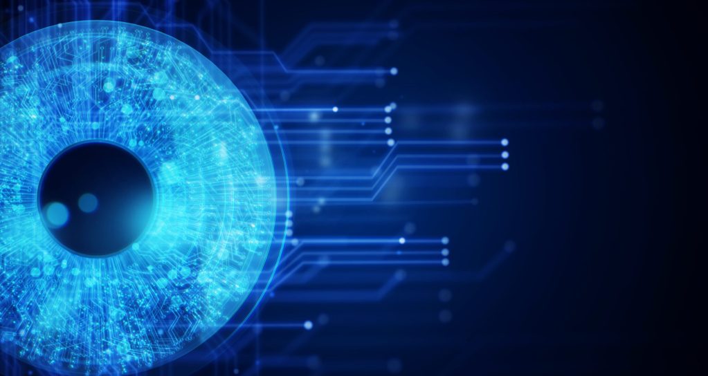 Abstract image of human eye with retinal circuit on a black background.