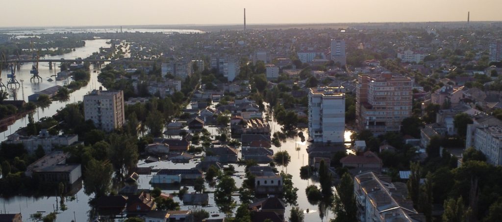 Aerial view of flooded residential district