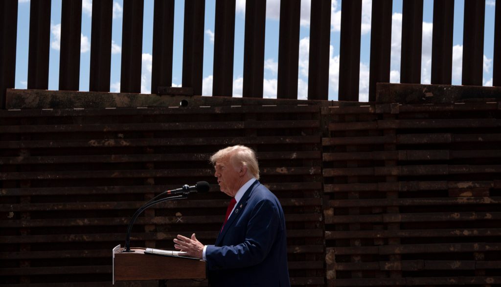 U.S. Republican Presidential Candidate and former President Donald Trump speaks at the U.S.-Mexico border