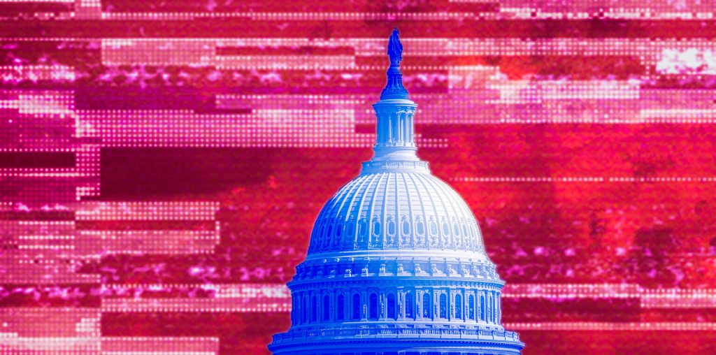 Blue U.S. Capitol building in front of a red background of data