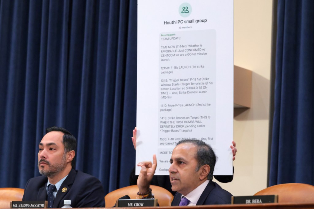 U.S. Rep. Raja Krishnamoorthi (D-IL) (R) speaks as Rep. Joaquin Castro (D-TX) looks on
