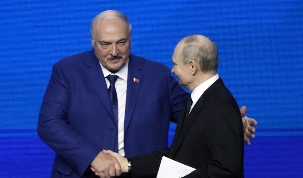 Belarusian President Alexander Lukashenko (L) shakes hands with Russian President Vladimir Putin (R) during the Great Heritage - Common Future Forum, a Russian-Belarusian meeting, dedicated to the anniversary of the Battle of Stalingrad on April 29, 2025 in Volgograd, Russia. Vladimir Putin and Alexander Lukashenko are having a joint visit to Volgograd, former Stalingrad, marking the 80th anniversary of the end of World War II. (Photo by Contributor/Getty Images)