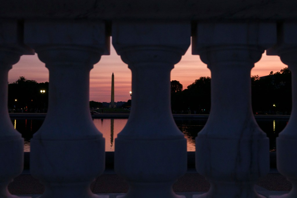 The Washington Monument reflects in the Capitol Reflecting Pool at sunset on a warm evening on June 2, 2025 in Washington, DC.(Photo by Kevin Carter/Getty Images)