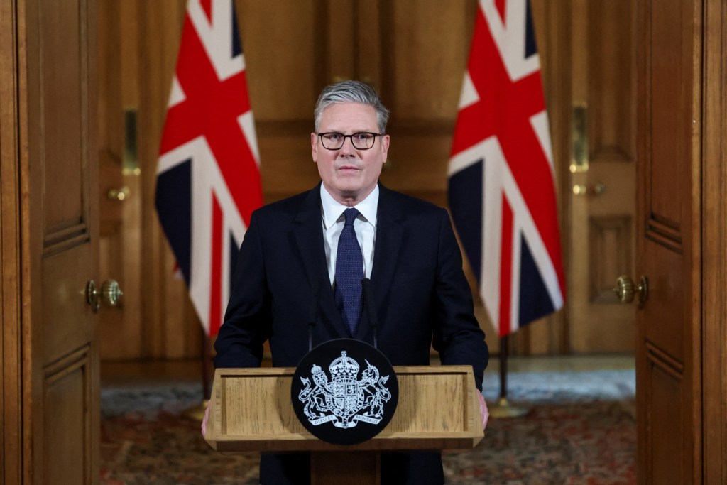 Britain's Prime Minister Keir Starmer makes an address following an emergency cabinet meeting on Gaza at 10 Downing Street in London on July 29, 2025. (Photo by TOBY MELVILLE/POOL/AFP via Getty Images)