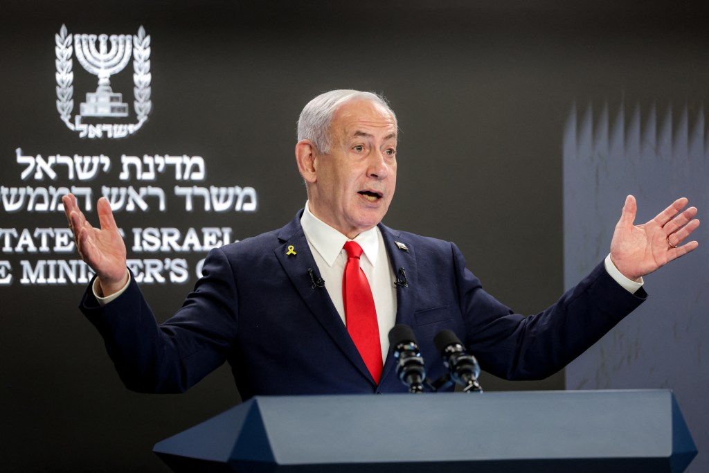 Israel's Prime Minister Benjamin Netanyahu gives a press conference at the Prime minister's office in Jerusalem on August 10, 2025. (Photo by ABIR SULTAN/POOL/AFP via Getty Images)