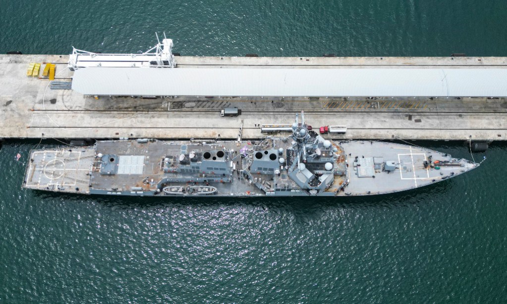 The US Navy warship USS Sampson (DDG 102) docks at the Amador International Cruise Terminal in Panama City