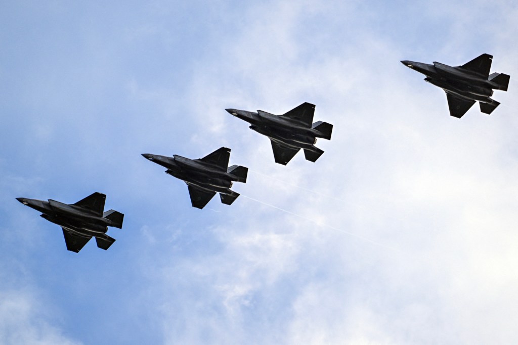 US Marines' Lockheed Martin F35-B jets arrive in formation to José Aponte de la Torre Airport