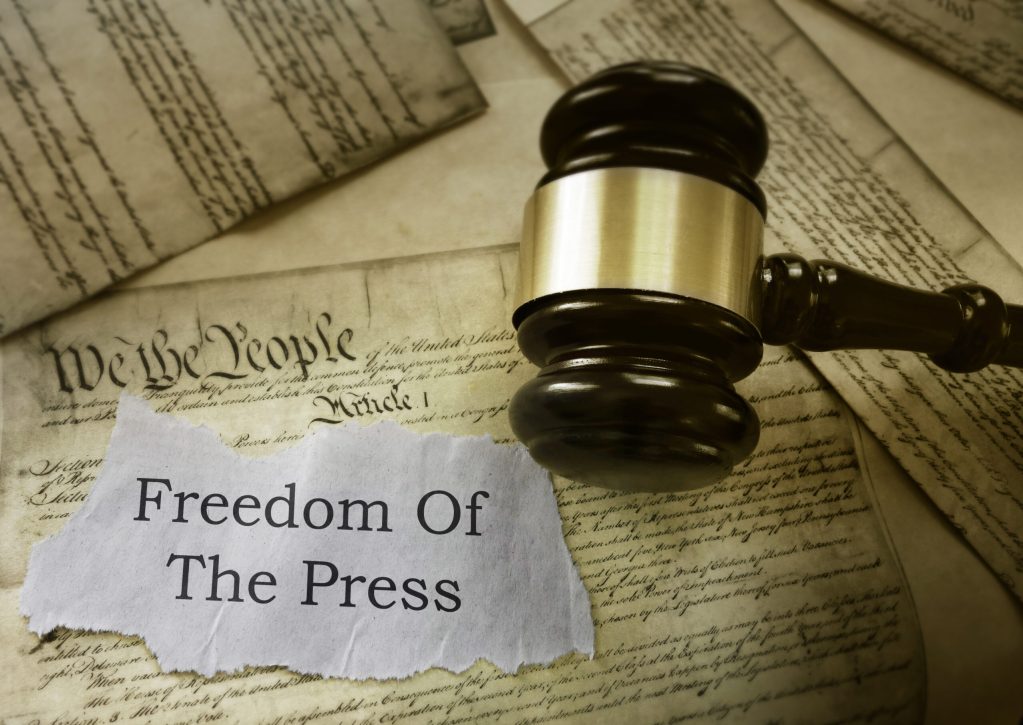 The words "Freedom of the Press" appear over the U.S. Constitution and next to a wooden gavel.