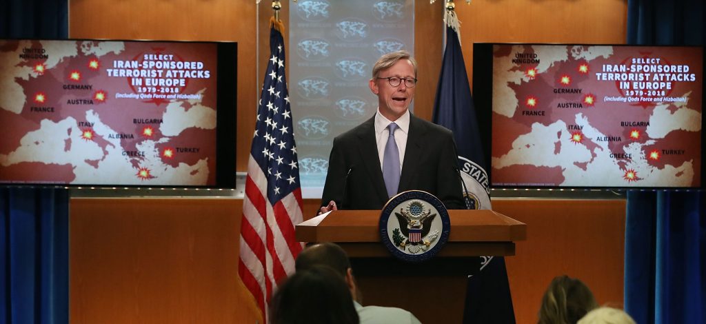 Brian Hook, Director of Policy Planning, speaks to the media about Iran, in the press briefing room at the Department of State, on June 2, 2018 in Washington, DC. television screens behind him show a map of Europe and reads, “Select Iran Sponsored Terrorist Attacks in Europe 1973-2018.”