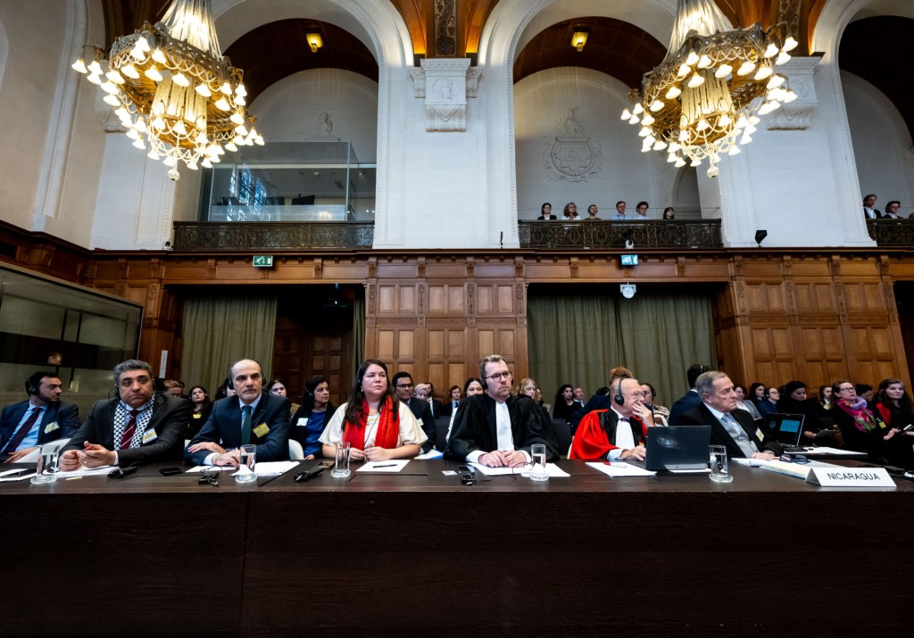 Members of the Delegation of Nicaragua, at the opening of the hearings of Nicaragua v. Germany at the International Court of Justice on Monday, April 8, 2024. (Frank Van Beek, via UN Photo, Courtesy of the ICJ).