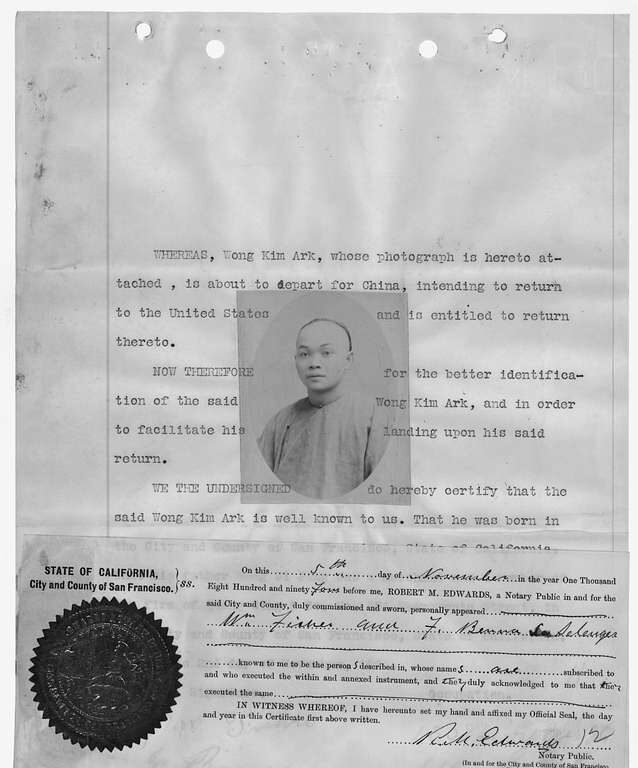 black and white image of the sworn statement of witnesses verifying the departure statement of Wong Kim Ark