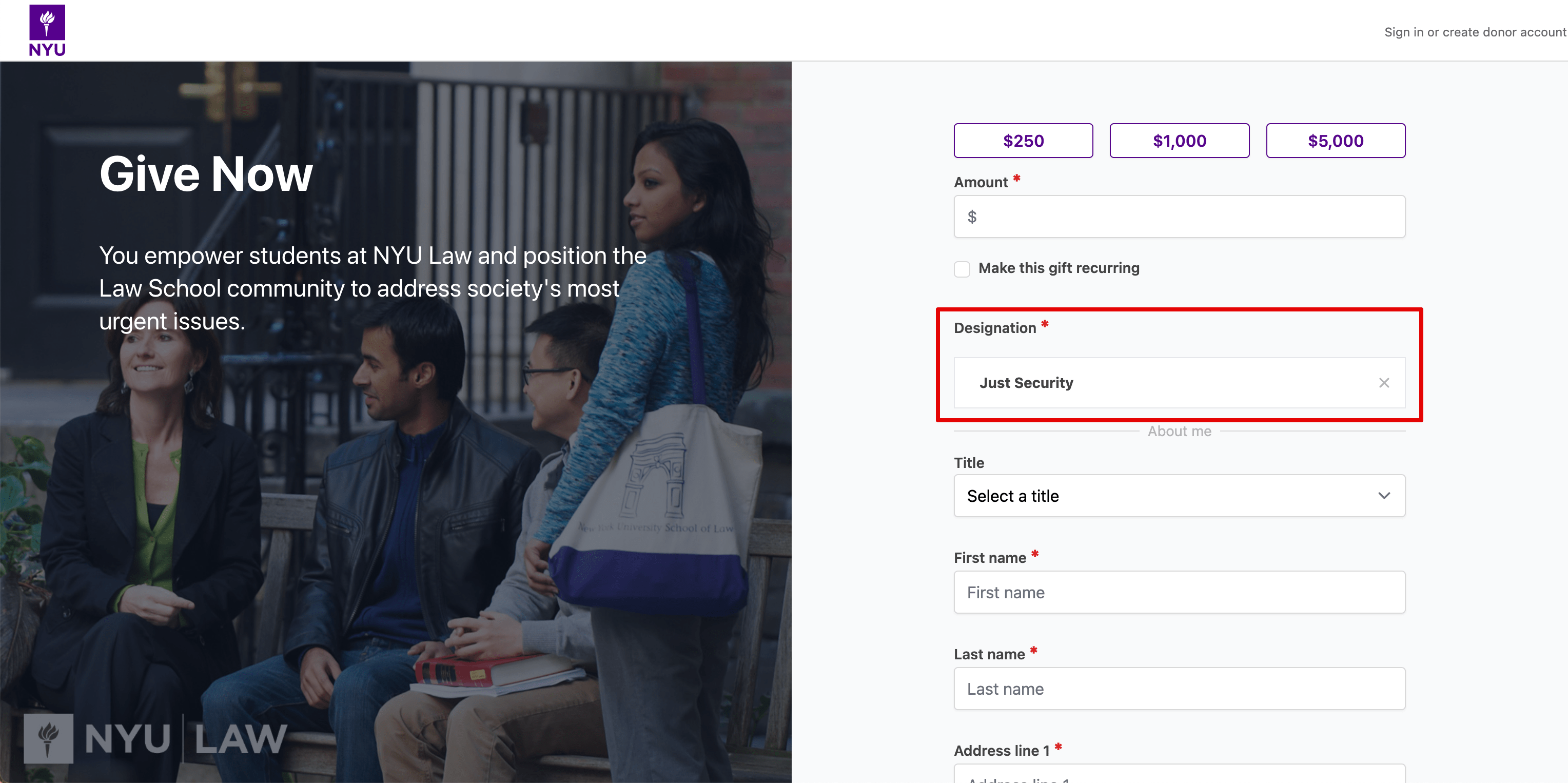 New York University Law School Donation page with Just Security in the designation field