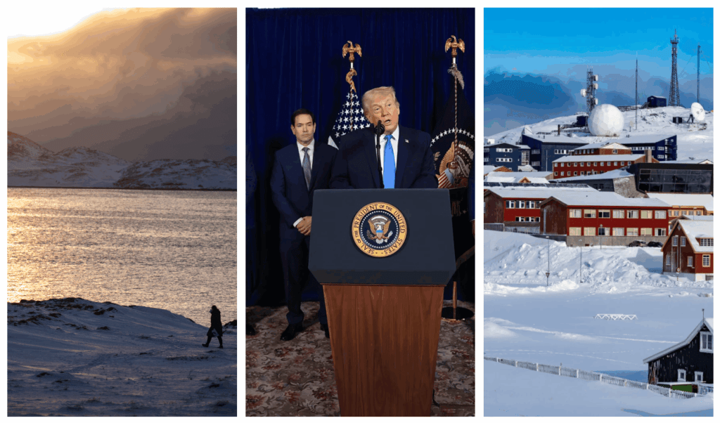 (L-R) A general view of the capital Nuuk, Greenland, on March 4, 2025. US President Donald Trump has strained relations with Denmark by repeatedly signalling that he wants control over Greenland, an autonomous Danish territory. (Photo by ODD ANDERSEN/AFP via Getty Images); U.S. Secretary of State Marco Rubio listens as U.S. President Donald Trump addresses the media during a news conference at his Mar-a-Lago club on January 3, 2026, in Palm Beach, Florida. During the remarks, Trump confirmed that the U.S. military had carried out a large-scale strike in Caracas overnight, resulting in the capture of Venezuelan leader Nicolas Maduro and his wife, Cilia Flores.(Photo by Joe Raedle/Getty Images); A general view of the capital Nuuk, Greenland, on March 4, 2025. US President Donald Trump has strained relations with Denmark by repeatedly signalling that he wants control over Greenland, an autonomous Danish territory. (Photo by ODD ANDERSEN/AFP via Getty Images)